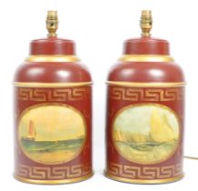 PAIR OF TOLEWARE STYLE CERAMIC BARREL LAMP JAR LIGHTS