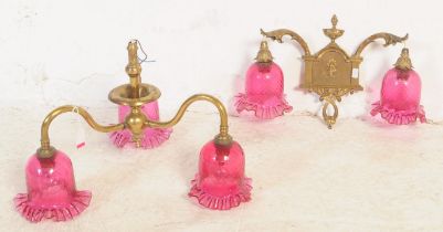 A SET OF EARLY 20TH CENTURY BRASS & CRANBERRY GLASS LIGHTING