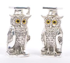 PAIR OF WHITE METAL OWL CONDIMENTS