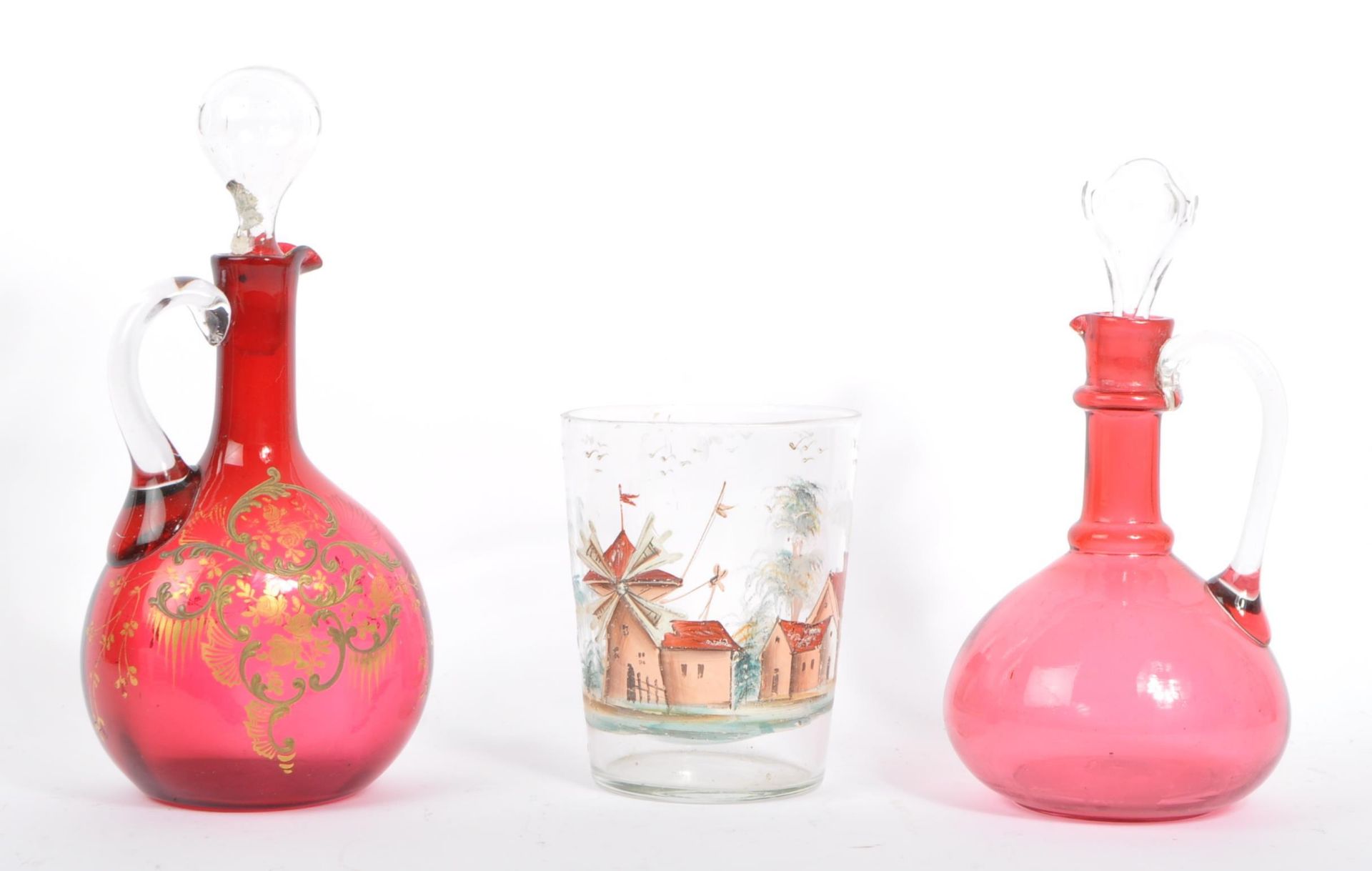 19TH CENTURY PAINTED GLASS BEAKER WITH DECANTERS