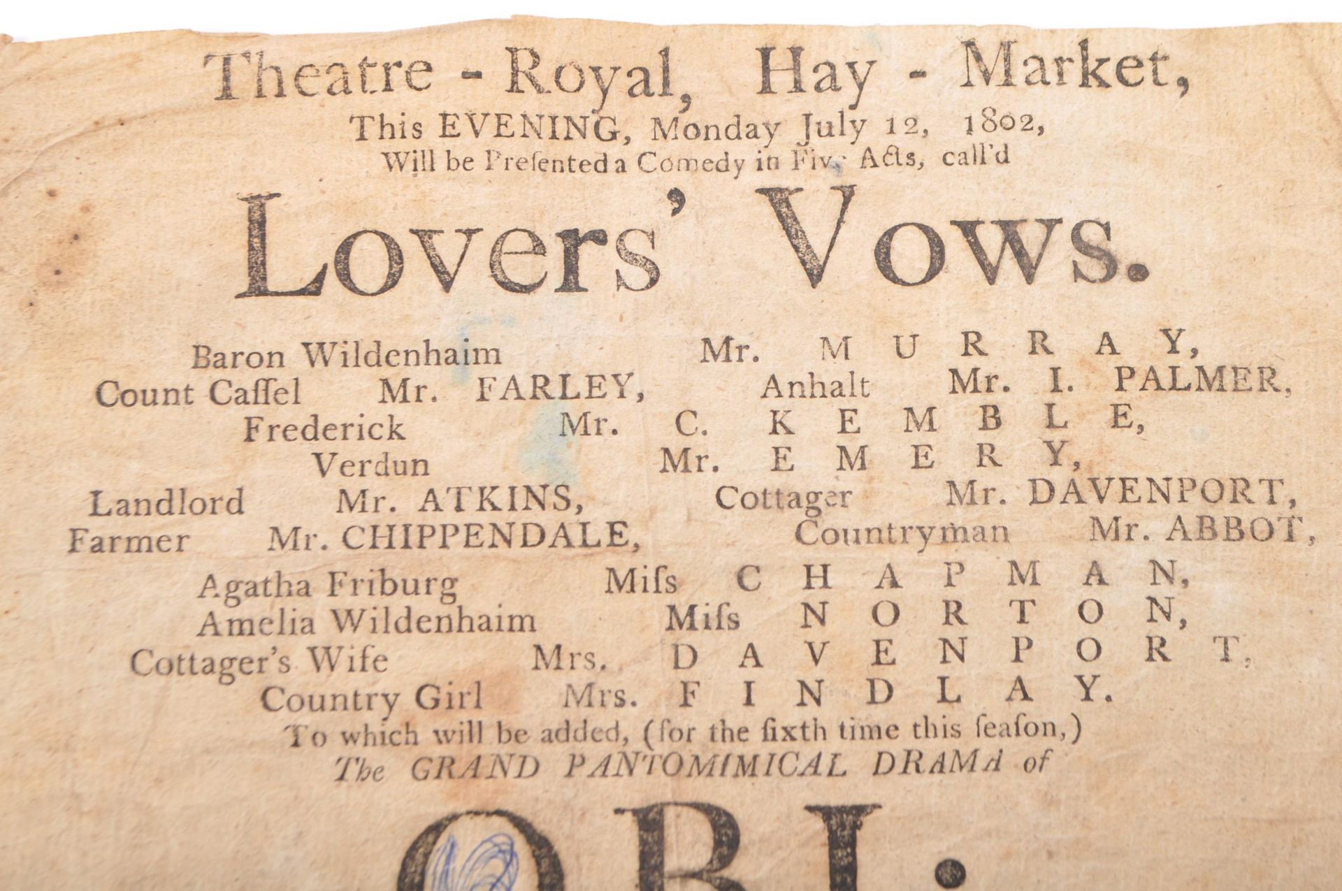 1805 THEATRE PLAYBILL - LOVERS VOWS - THREE FINGERED JACK - Image 2 of 5