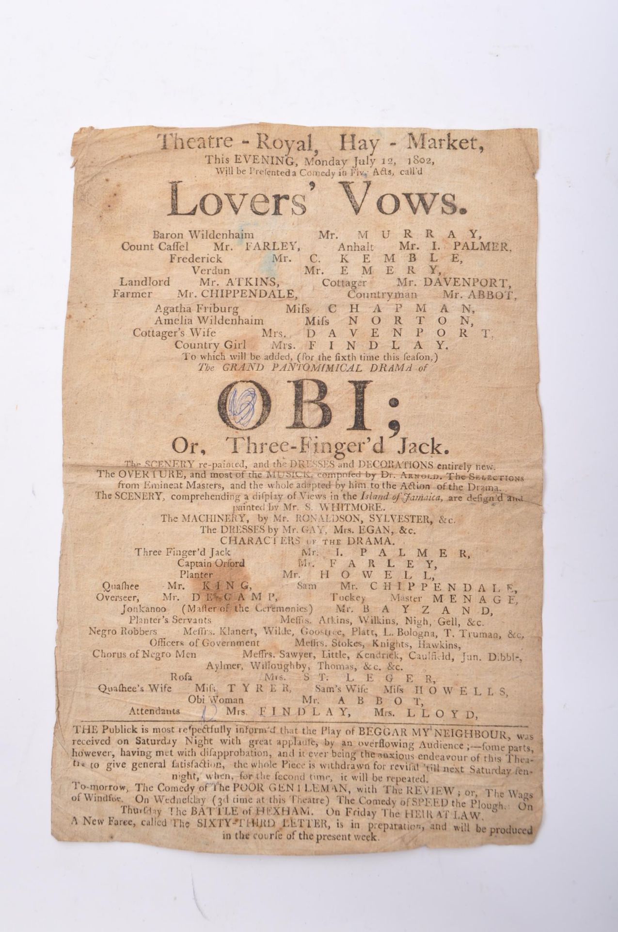 1805 THEATRE PLAYBILL - LOVERS VOWS - THREE FINGERED JACK