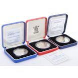 THREE ROYAL MINT 925 SILVER PROOF FIVE POUND COINS