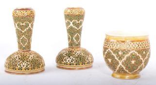 19TH CENTURY HUNGARIAN ZSOLNAY PECS OPEN WORK CHINA VASES