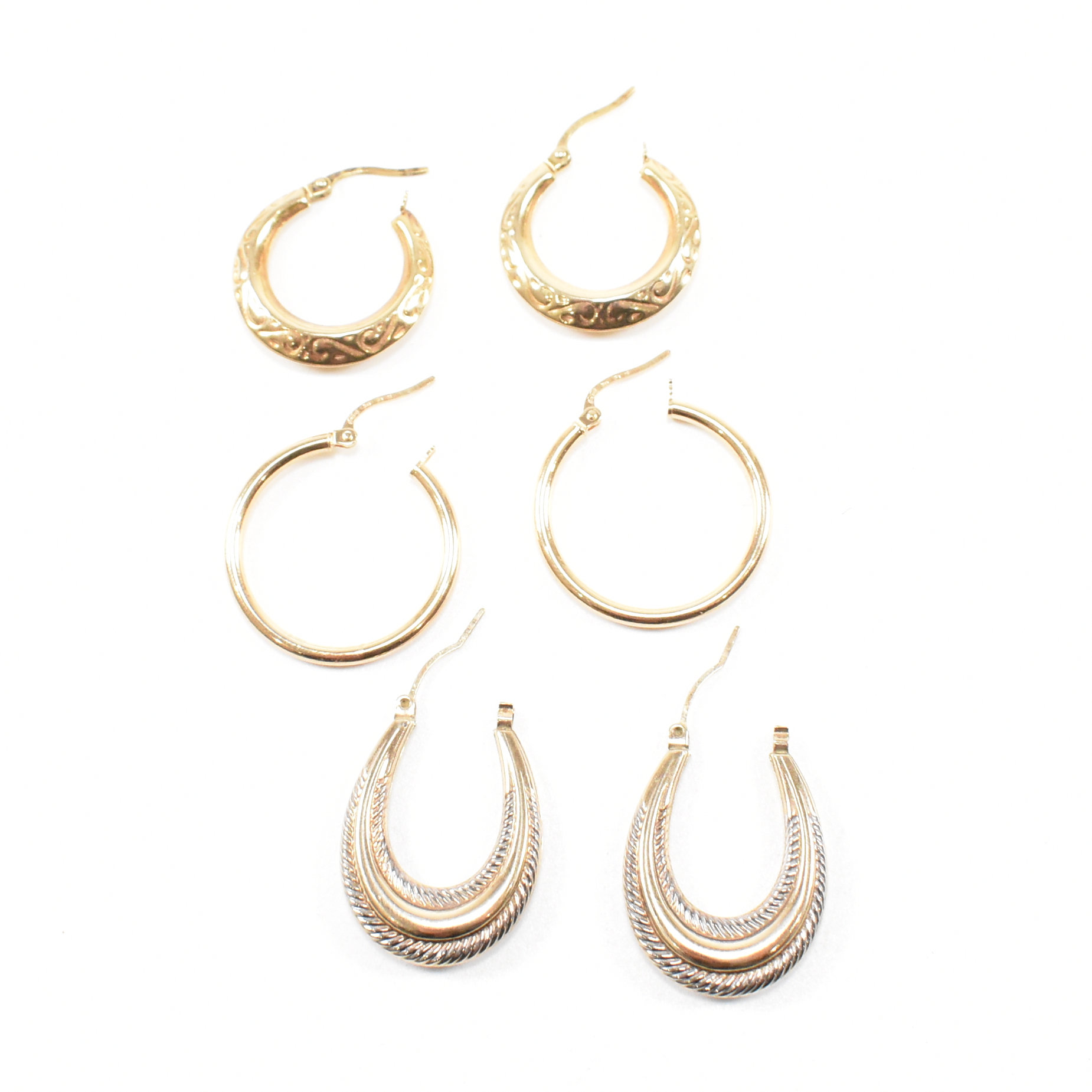 TWO PAIRS OF 9CT GOLD EARRINGS & A YELLOW & WHITE METAL PAIR - Image 2 of 7