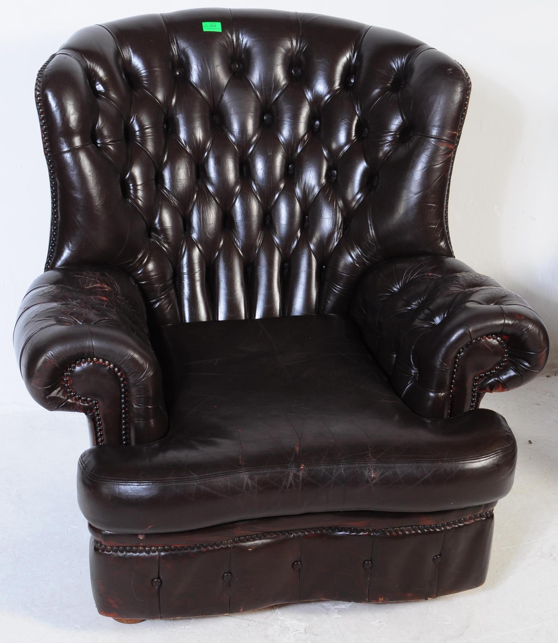 PAIR OF 20TH CENTURY CHESTERFIELD STYEL BROWN ARMCHAIRS - Image 2 of 6