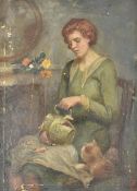 EARLY 20TH CENTURY 1930 PAINTING OF LADY WITH TEAPOT