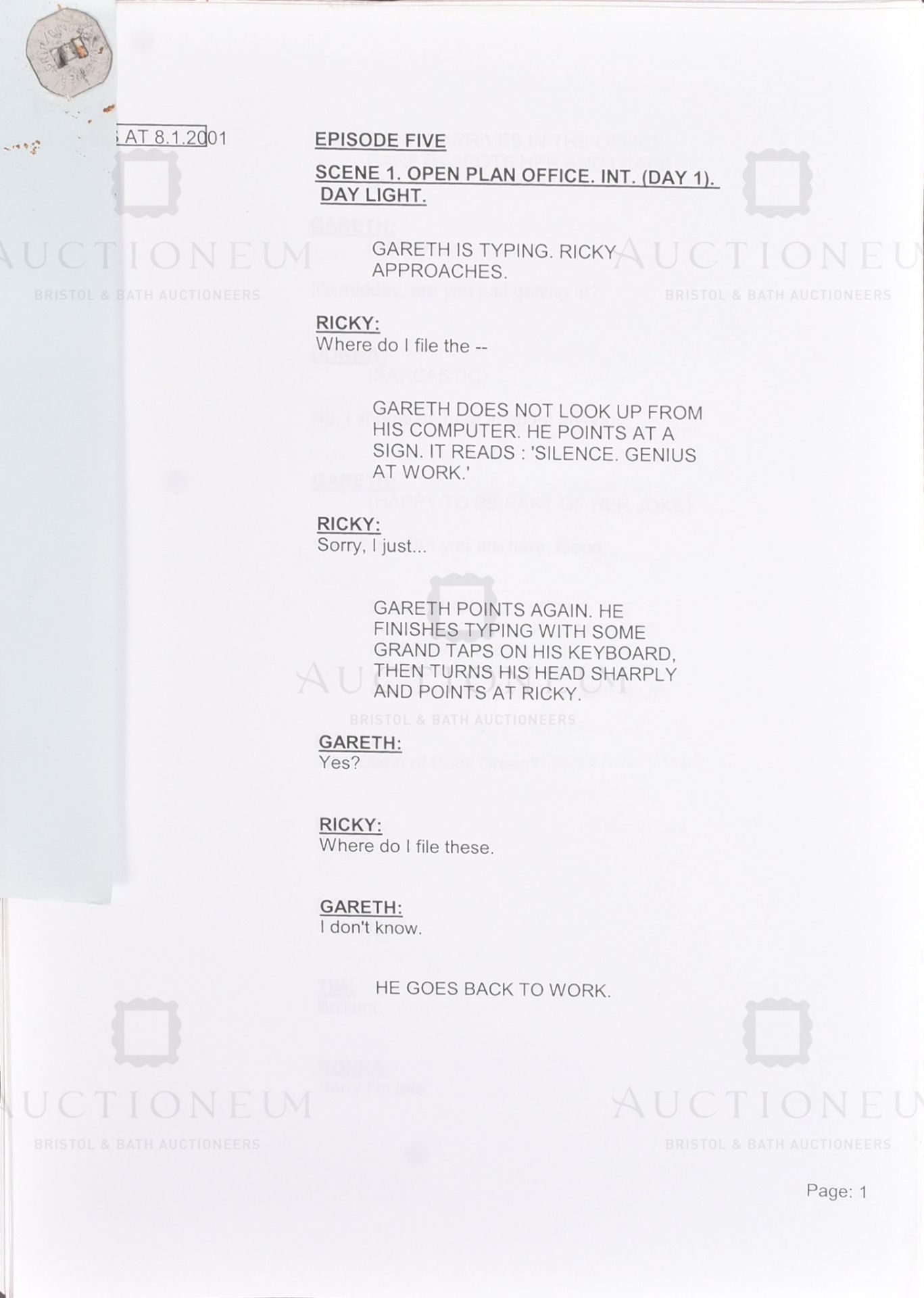 THE OFFICE (BBC SITCOM 2001-2003) - ORIGINAL PRODUCTION SCRIPT - Image 2 of 6