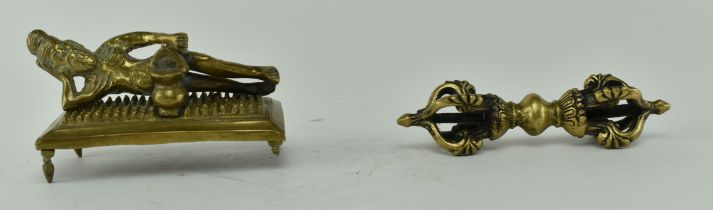 TIBETAN BRASS VAJRA AND A BRASS INDIAN MAN ON A NAIL BED