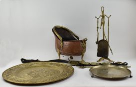 COLLECTION OF BRASS CHARGERS/FIREPLACE TOOLS/COAL SCUTTLE