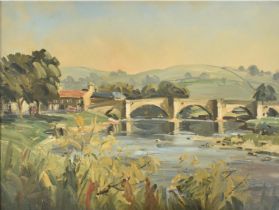 ANGUS RANDS (1922 - 1985) - ' BURNSALL BRIDGE ' OIL ON BOARD