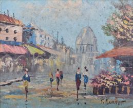 J. BURNETT (20TH CENTURY) OIL ON CANVAS OF PARISIAN STREET