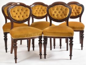 SET OF FIVE VICTORIAN MAHOGANY & YELLOW VELOUR DINING CHAIRS