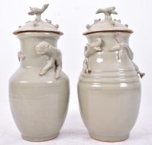 PAIR OF CHINESE SONG STYLE CELADON FUNERARY VASES