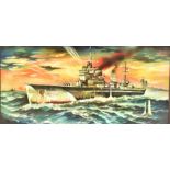 EARLY 2000S RUSSIAN OIL ON BOARD BATTLESHIP PAINTING
