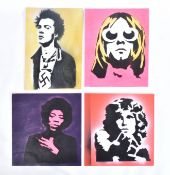 DAVID HUDSON - FOUR CONTEMPORARY STENCIL PAINTINGS ON BOARD