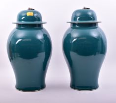 PAIR OF VINTAGE 1980S HOLLYWOOD GREEN LIDDED TEMPLE JARS