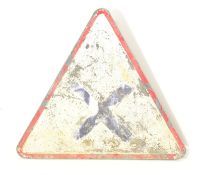 FRENCH VINTAGE PRESSED STEEL TRIANGULAR ROAD SIGN