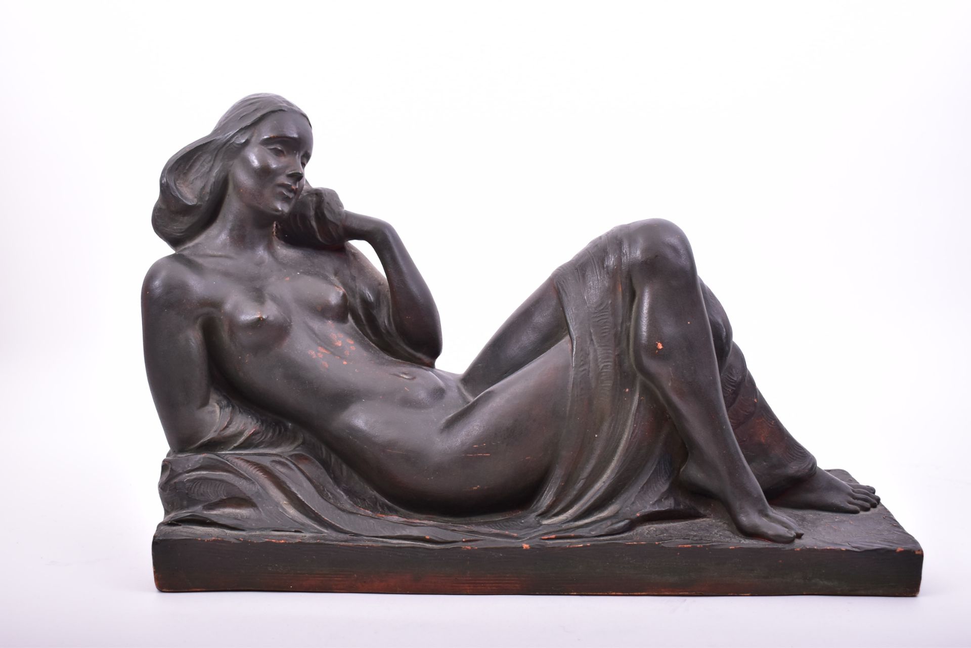 FRENCH ART DECO BLACK PAINTED TERRACOTTA RECLINING NUDE