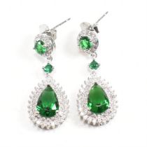 PAIR OF 925 SILVER WITH CUBIC ZIRCONIA & FAUX EMERALD EARRINGS