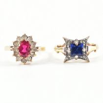 TWO HALLMARKED 9CT GOLD RINGS - SYNTHETIC RUBY & SYNTHETIC SAPPHIRE