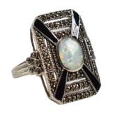 CONTEMPORARY 925 SILVER MARCASITE & SYNTHETIC OPAL RING