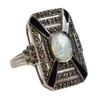 CONTEMPORARY 925 SILVER MARCASITE & SYNTHETIC OPAL RING