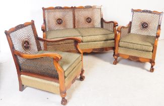 EARLY 20TH CENTURY MAHOGANY & CANE RATTAN BERGERE SUITE