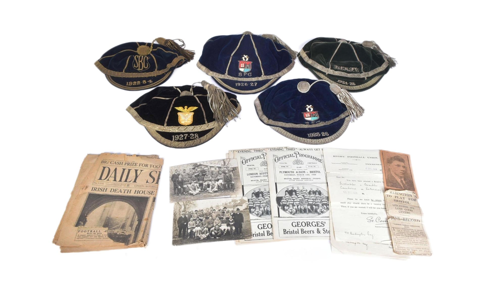RUGBY - ORIGINAL 1920S RUGBY FOOTBALL CAPS FOR TERRY BABINGTON