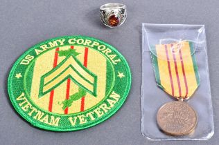 AMERICAN VIETNAM WAR MEDAL, PATCH & RING