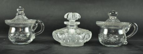 NEAR PAIR OF GLASS CUSTARD CUPS & COVERS AND A TABLE SCENT