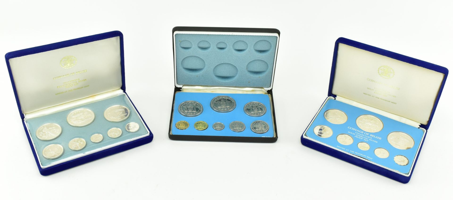 THREE BOXED FRANKLIN MINT SILVER PROOF COINAGE OF BELIZE SETS