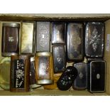 A collection of seventeen various snuff boxes, including horn, papier-mâché, metal, wood, etc.