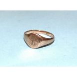 A small 9ct rose gold signet ring, size N, 2.5g.
