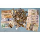 A collection of British and foreign coinage and bank notes.