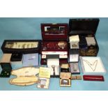 A quantity of costume jewellery and watches, two jewellery cases and one watch case.