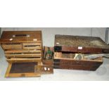 A grained wood tool box with carrying handle, the front opening to reveal eight drawers, 45.5cm