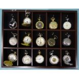 Fifteen modern pocket watches in a display case.