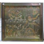 A large brass and copper rectangular wall plaque depicting Egyptian figures, birds, fish and