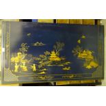 A wood panel with chinoiserie decoration of figures, pagodas and birds, 68 x 123cm, together with