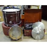 A Premier 'Olympic' bass drum, a Premier snare tray, various cymbals with stand, seat, foot pedal,