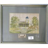 A needlework picture of a Continental landscape with a building, trees and river, dated 1838, 14 x