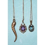 Two gem-set pendants on 9ct gold chains and another 9ct gold pendant on chain, 6.5g, (3).