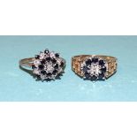 Two 9ct gold sapphire and diamond cluster rings, sizes N and P, 6g.
