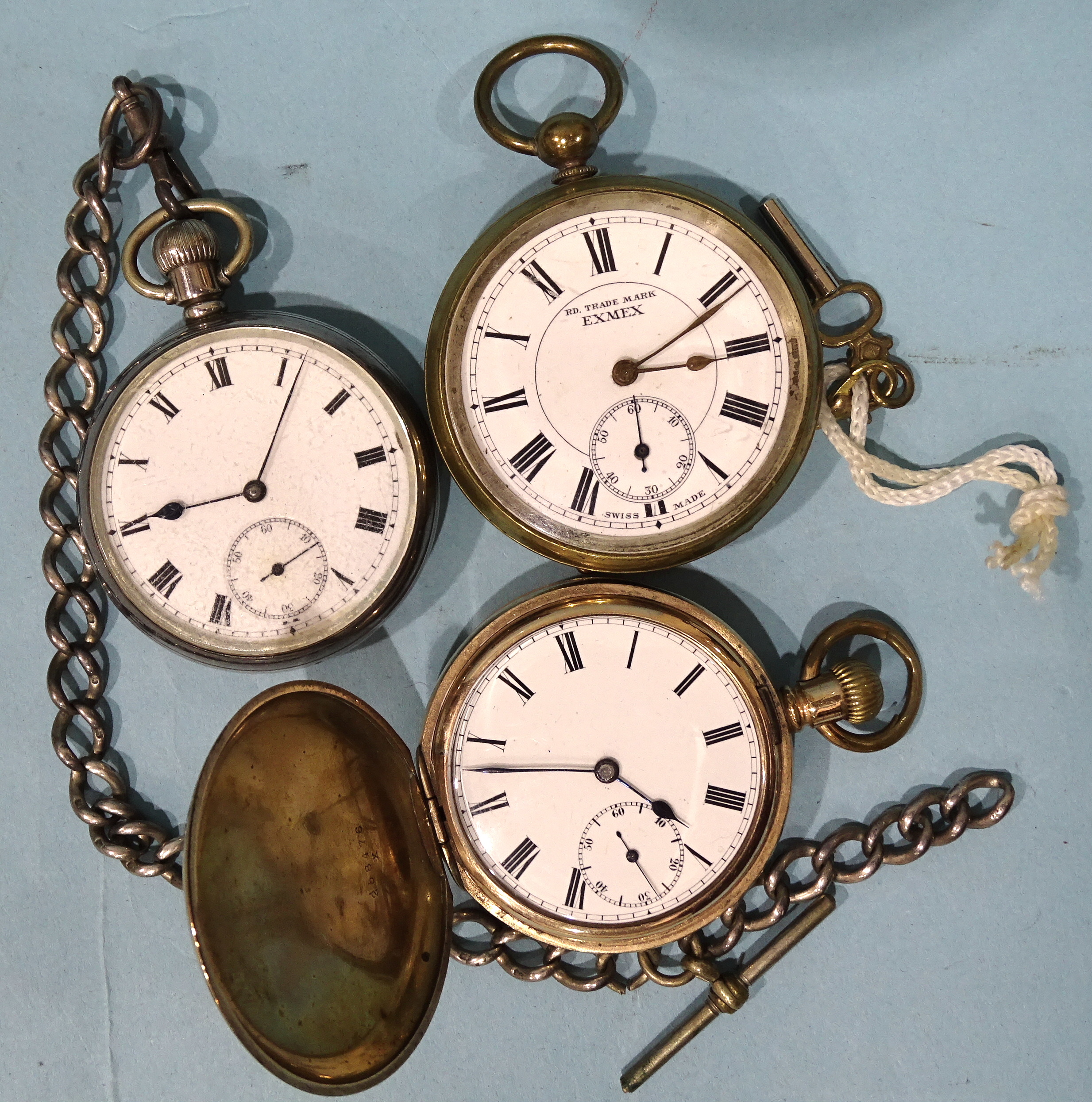 A silver-cased keyless pocket watch, the open white enamel dial with Roman numerals and seconds