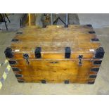 A large metal-bound pine chest, 91cm wide, 50cm high.