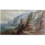 Thomas Hart (1830-1916), 'Sheep on a rocky coastline with sailing ships in the distance', signed
