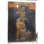 A pressed copper rectangular plaque of a Native African female figure pounding grain in a large