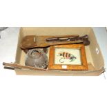 A wool-work picture of a fishing fly hook, 10.5 x 14.5cm, in maple frame, other wooden items, a
