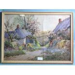 Theresa S Stannard (1898-1947), 'Two cottages, blossom and flowers within a landscape', signed